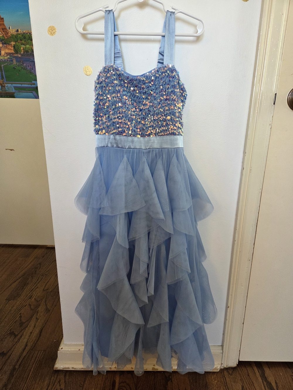 EUC, Girl's Size 7, Light Blue Sequin Bodice Ruffle Tulle Formal Dress